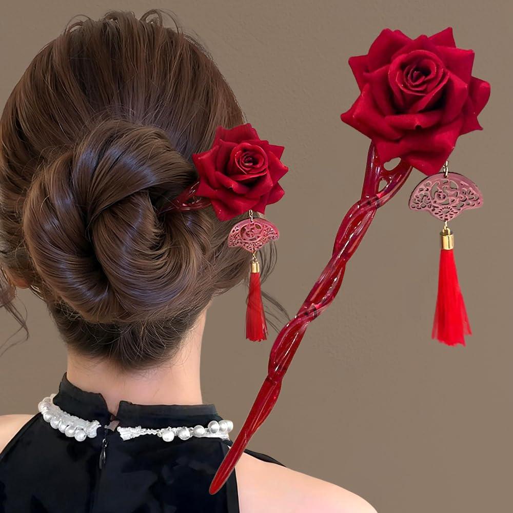 Red Rose Chinese Hair Sticks Retro Tassel Flower Chinese Hair Pins Long Hairpins Forks Oriental Aesthetic Fan Floral Hair Chopsticks for Women Girls Buns Updo Hanfu Cheongsam Asian Hair Accessories