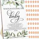 51 Pcs Cool Baby Shower Games Who's Watching The Baby Sign Wooden Gift Sets Gender Reveal Party Favors 50 Tiny Plastic Babies Small Mini for Party Decors(Green Leaves)