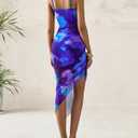 PRETTYGARDEN Women 2025 Summer Mesh Dress Spaghetti Strap Cowl Neck Print Ruched Bodycon Dresses Asymmetrical Long Dress (Blue)