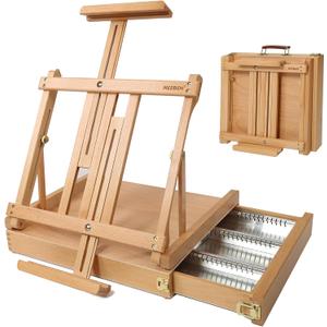 MEEDEN Studio Sketchbox Table Easel with Metal Lined Drawer - Adjustable Solid Beech Wood Tabletop Easel & Sketchbox Artist Easel with Storage, for Studio or Plein Air - Holds canvases up to 34" high