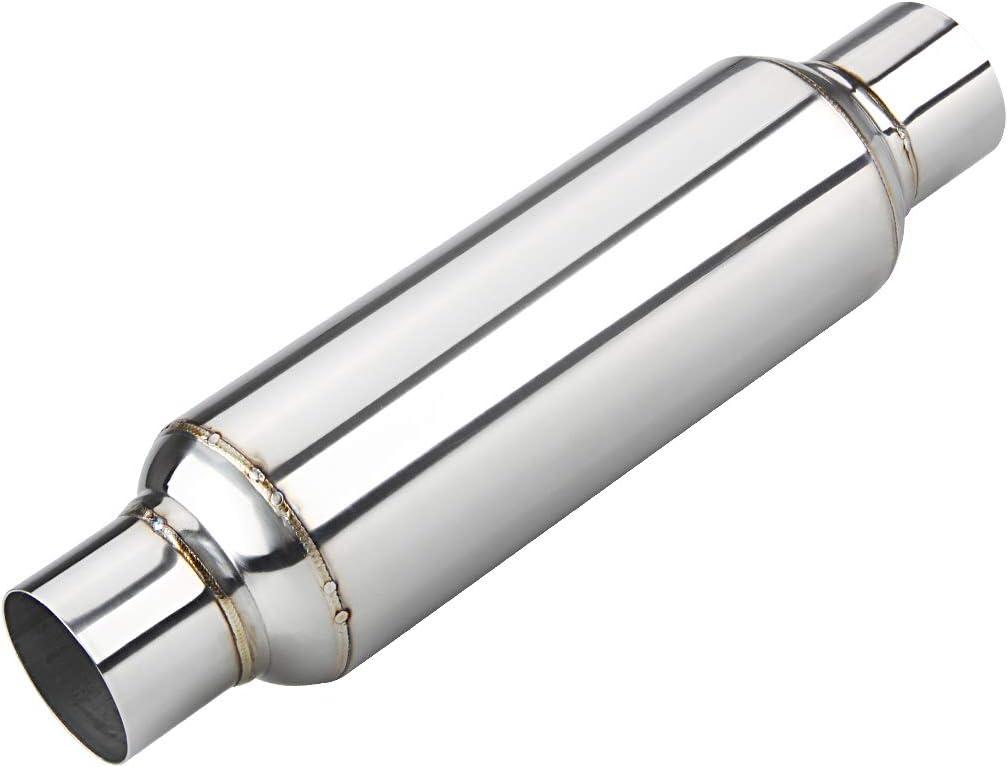 LCGP 2.5" inlet & outlet Universal Resonator, 16" Long Performance Muffler, Weld- On, Straight Through Design, Deep Tone (2.5" Inlet 16" Overall Length, silver)