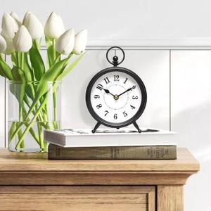 Vintage Black Table Clock on Stand, Decorative Desk and Shelf ClockDecorative Battery Operated Table Top Clock for Living RoomSilent Non-Ticking(Small) (8.7"H)