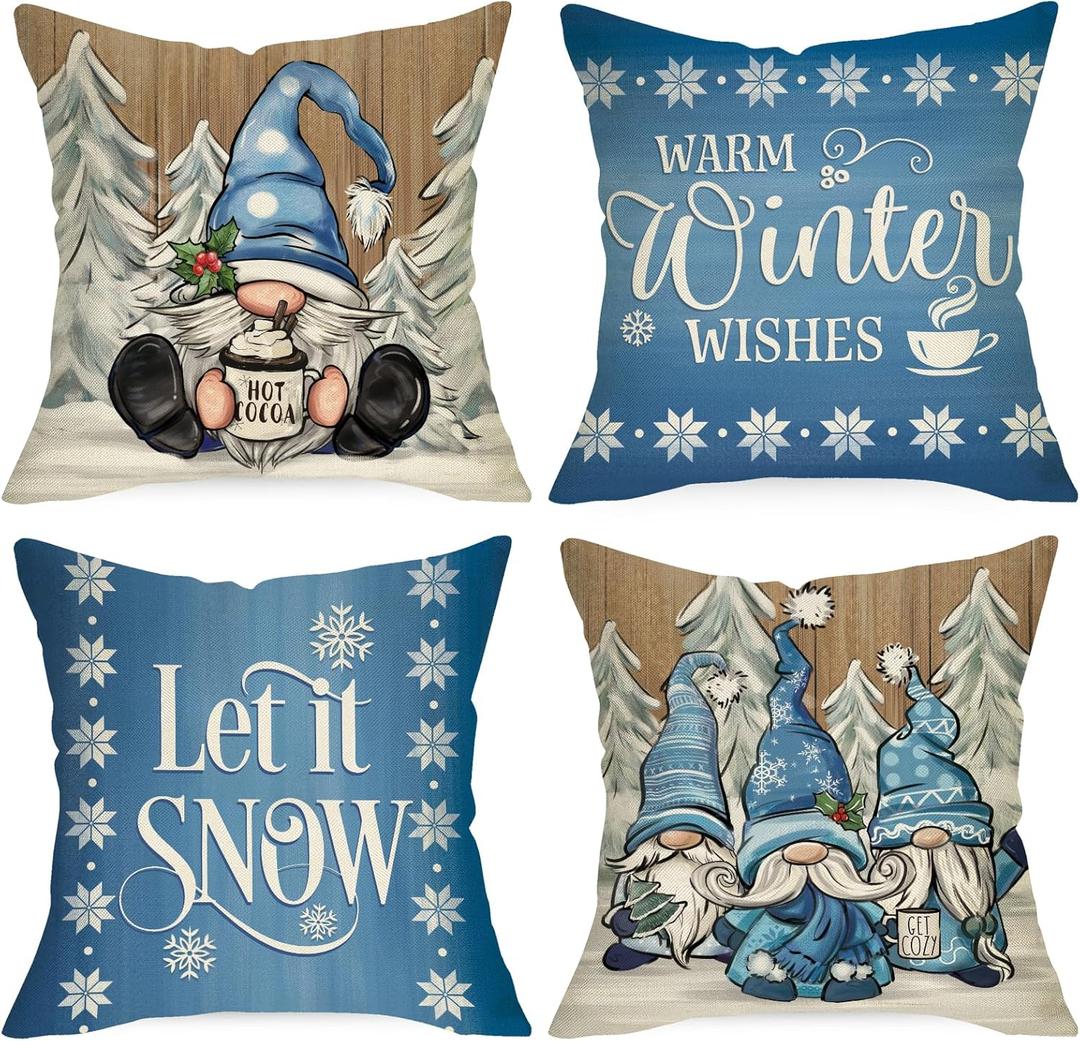 Warm Winter Wishes Decorative Throw Pillow Covers 18x18 Set of 4, Let It Snow Blue Gnome Pine Trees Cushion Case Decor, Snowflakes Seasonal Farmhouse Home Christmas Decoration for Sofa Couch