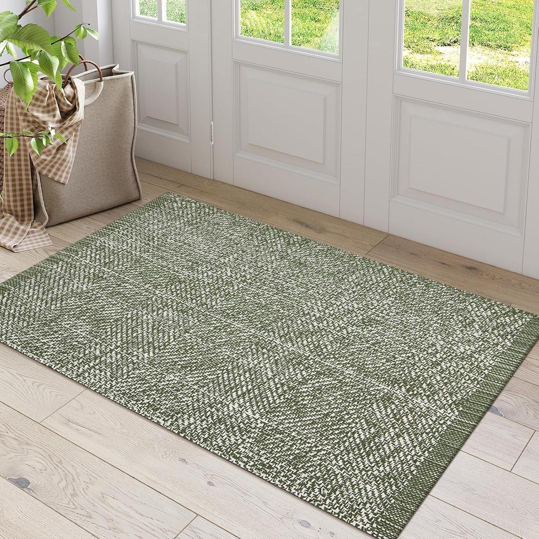 LEEVAN Washable Kitchen Rugs 3x5, Green Bedroom Rug, Cotton Woven Entryway Rug, Modern Braided Door Mat, Farmhouse Living Room Rugs, Reversible Carpet for Laundry Room Front Porch Outdoor Doormat