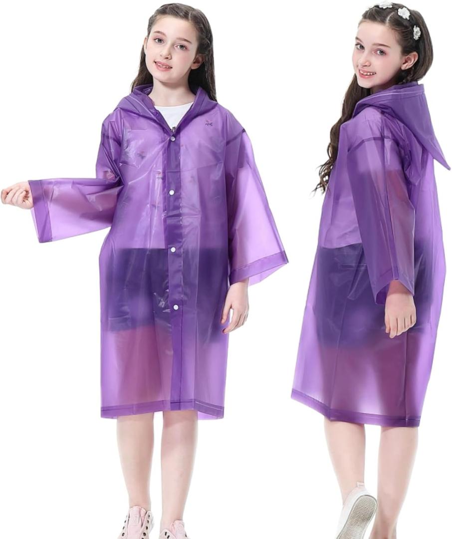 Kids Rain Poncho, Reusable EVA Children Raincoat for 6-13 Girls Boys, Waterproof Rain Jackets Rainwear with Hood (2 Purple)