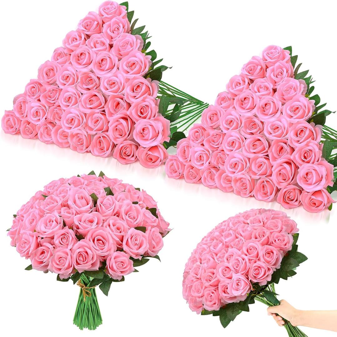 80 Pcs Roses Artificial Flowers, Silk Pink Artificial Flowers Petals Long Stem Roses for Wedding Bouquet Home Party Decor