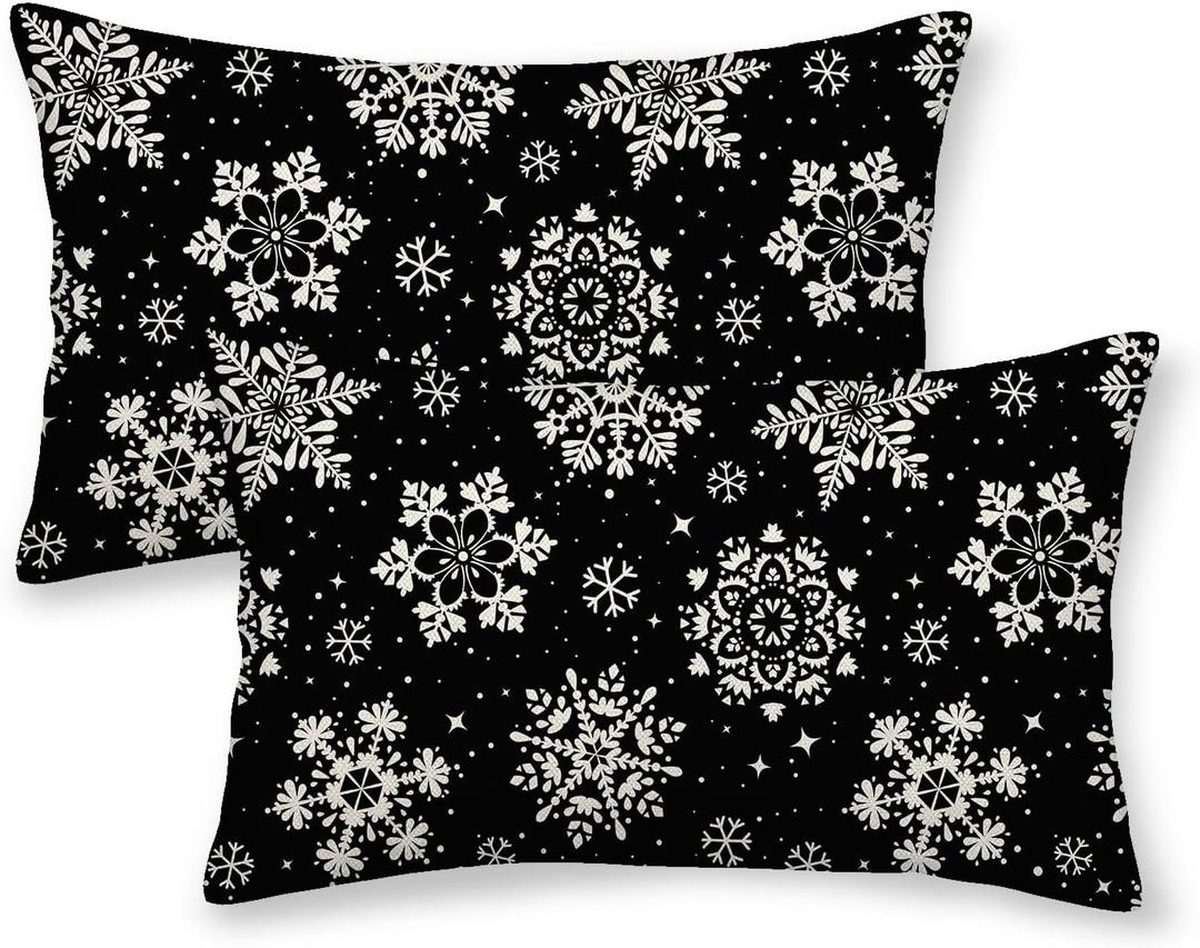 Christmas Pillow Covers 12x20 Inch 2 Pcs, Black White Snowflakes Decorative Throw Pillows for Couch, Xmas Winter Outdoor Decor Pillowcase Linen Cushion Cover for Bed Sofa