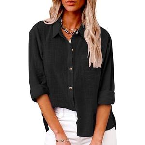 Women's Cotton Work Button Down Shirts Basic Long Sleeve Office V Neck Shirt Casual Business Blouses Tops, Small