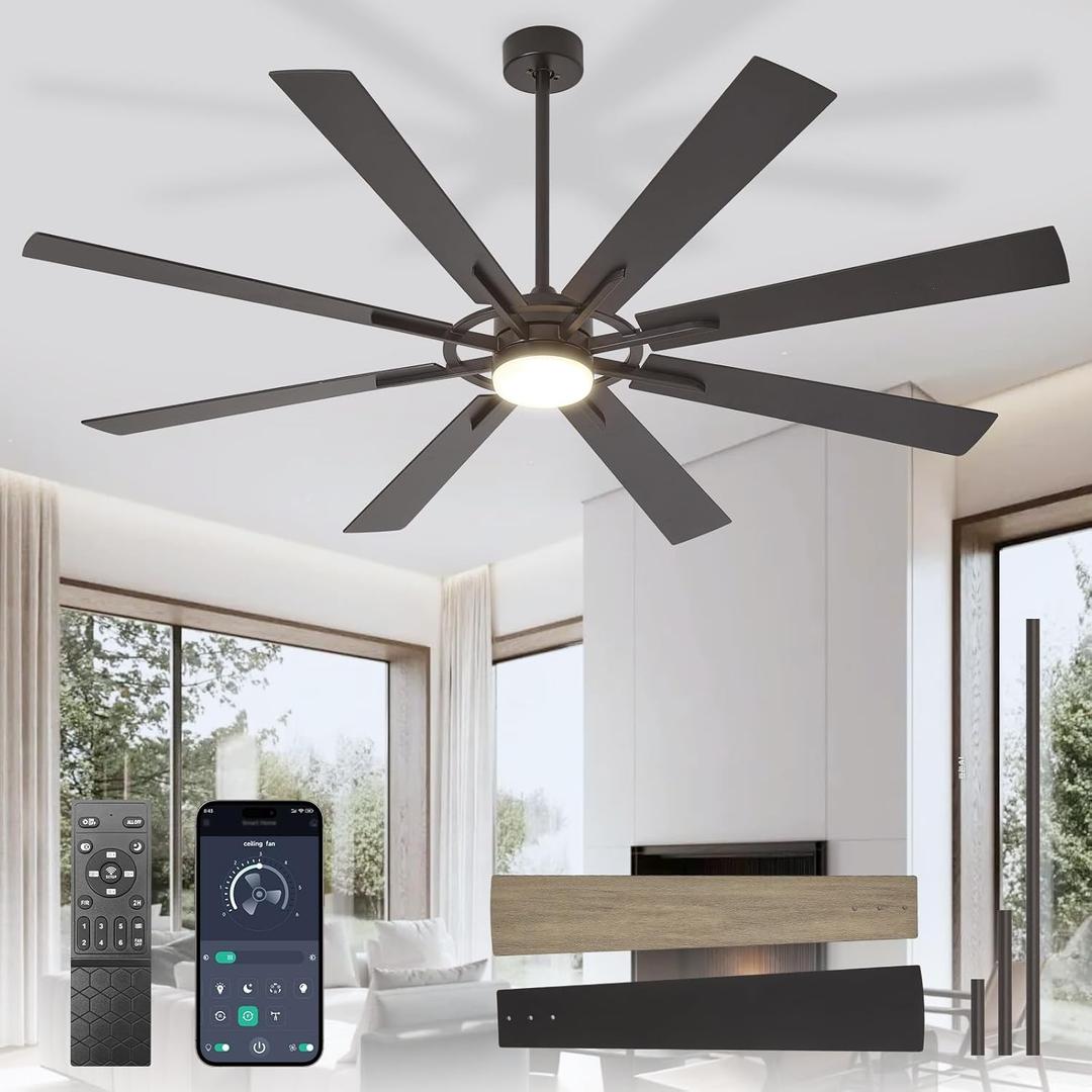Large Ceiling Fans with Lights: Modern 72 Inch 8 Blade Outdoor Ceiling Fan with Remote APP Control - Dimmable Black Big Fan light Indoor Reversible 6 Speed Quiet DC Motor