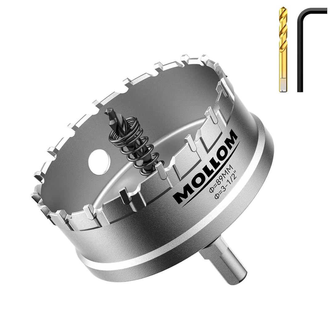 Mollom (3-1/2''|89mm) Heavy Duty Carbide Hole Saw with 2 Pilot Drill Bits, Hole Cutter cuts Stainless Steel, mild Steel, Iron, Copper, Brass, Plastic