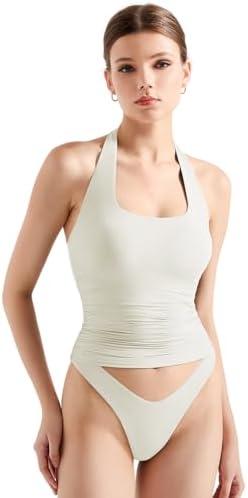 SUUKSESS Women Halter Tank Tops Double Lined Backless Y2K Trendy Going Out Tops (White, XS)