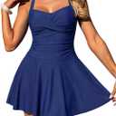 ZAFUL Women High Waisted Tummy Control Swimdress Two Piece Swimsuit Sleeveless Ruched Cute Modest Bathing Suits Beach Outfits (Blue, Large)