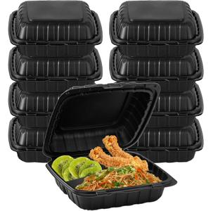 8" X 8" 3-Compartment To Go Food Take Out Containers Boxes With Lids | 50 Pack Microwaveable Black Mineral-Filled Disposable Togo Plates Clamshell Containers With Dividers For Lunch Home Carry Away