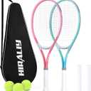 HIRALIY 27" Tennis Rackets Set for Adults, 2 Player Pre-Strung Tennis Racquets, 2 Overgrip Tapes,3 Balls, and 4 Carrying Bag, Outdoor Recreational Sport for Beginner, Men, Women (Pink/Green)