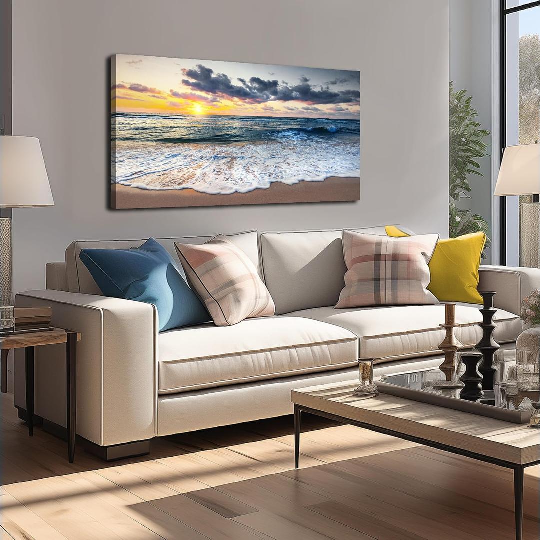 Beach Canvas Wall Art Bedroom Sunset Wall Decor for Living Room Blue Office Apartment Bathroom Wall Decoration Ready to Hang 20 x 40 Inch
