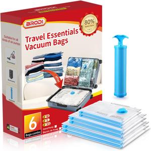 Brodi Travel Vacuum Bags with Pump - Compression Bags for Travel,Vacuum Storage Bags for Space Saver & Travel Essentials,Vacuum Seal Bags for Clothing,Travel Vacuum Bags for Luggage(6 Combo Pack)