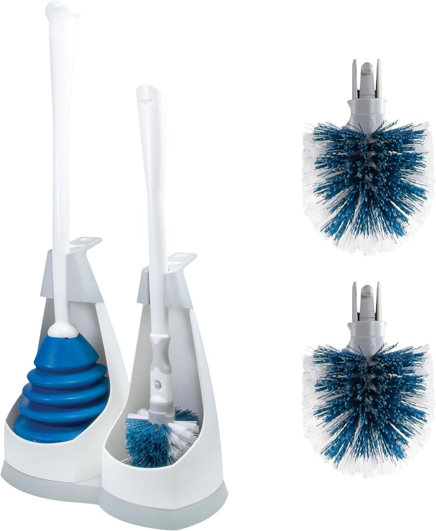 Unger EZ No-Drip Combo Toilet Brush and Plunger with 2 Replacement Scrubber Heads  Bathroom Cleaning Tools for Home & Business, Convenient Discreet Accessories Set