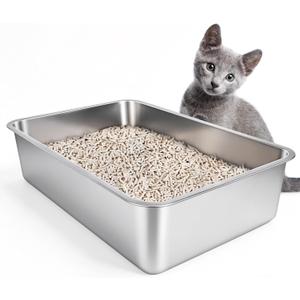 IKITCHEN Stainless Steel Cat Litter Box, Large Metal Litter Box for Cats, Never Absorbs Odors,Stain Free, Rustproof, Non Stick Smooth Surface, Anti-Slip Rubber Bottom, 19.5" L x 13.5" W x 4" H