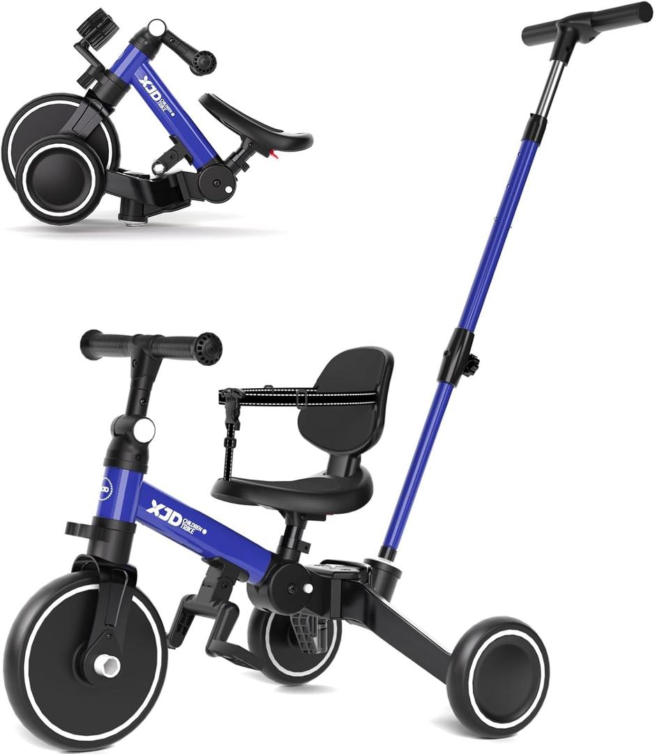 XJD Toddler Bike, 6 in 1 Folding Toddler Tricycle for 1-4 Year Old with Parental Control Handle, Balance Bike with Removable Pedal, Backrest, Adjustable Seat, First Birthday Gifts (Blue)