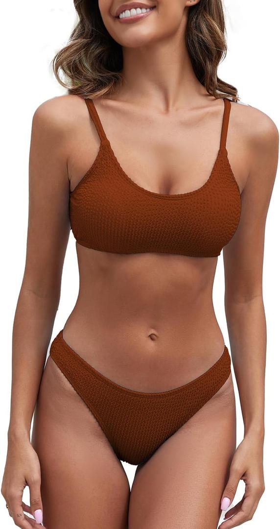 Fanuerg Women's Ribbed Bikini Sets Scoop Neck Cheeky Swimsuit Textured Two Piece Bathing Suit (Small, Coffee Brown)