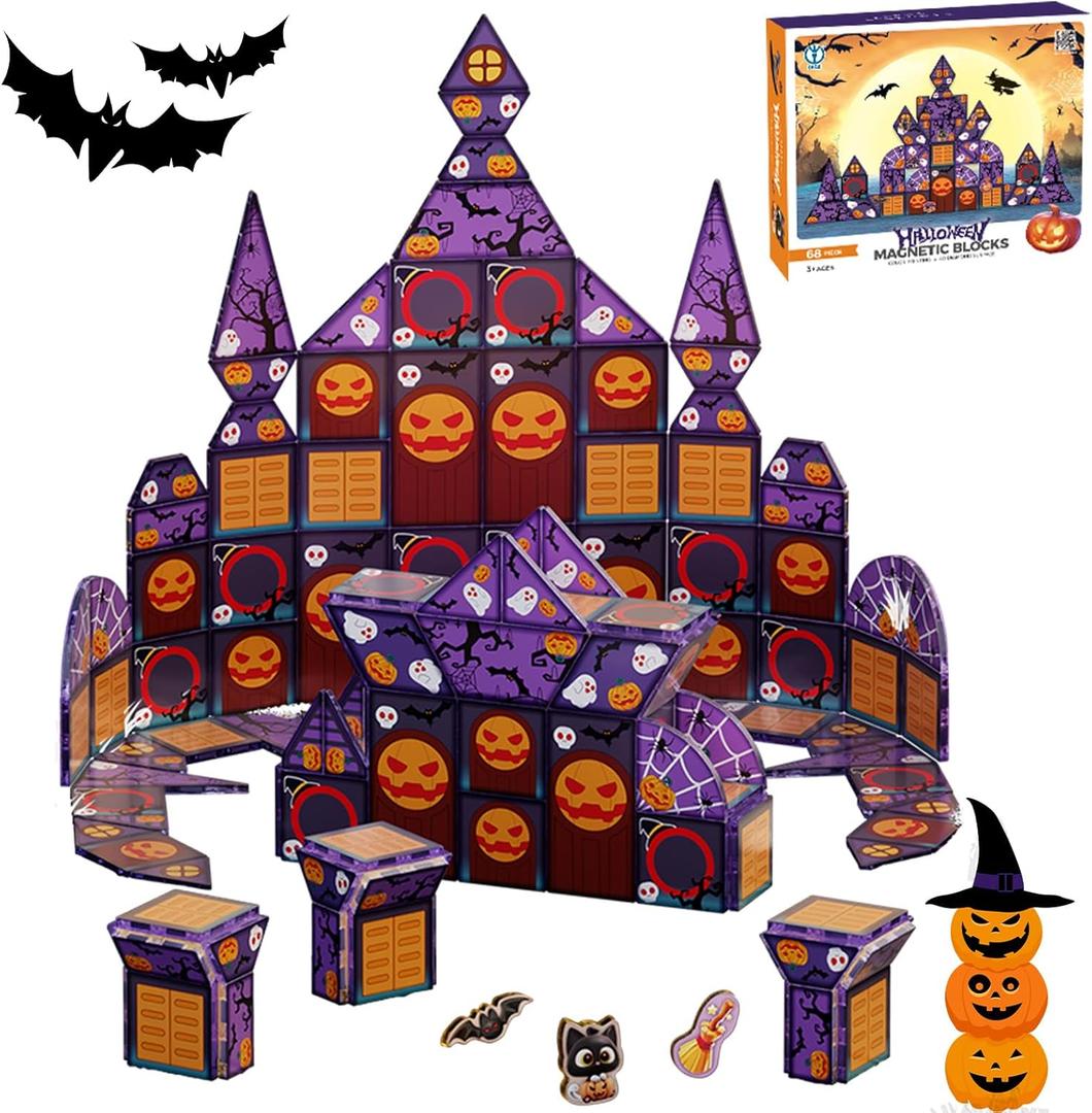 68 Pcs Halloween Magnetic Tiles Building Blocks Set for Kids - Includes Pumpkin, Spider, Witch, More. Preschool Sensory Stacking Magnetic Blocks, Montessori STEM Educational Construction Toy (Ages 3+)