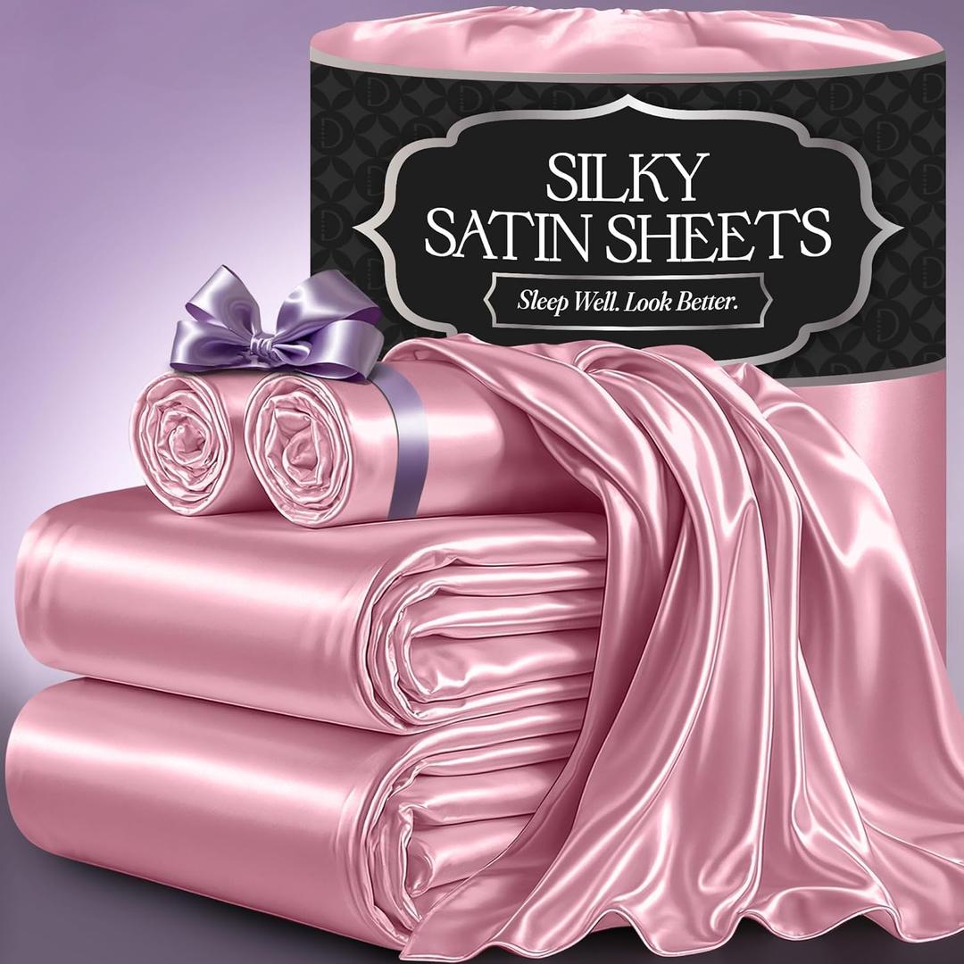 DECOLURE Satin Bed Sheets - 4 Piece Luxury Silky Full Size Bedding Set - Softer Than Silk, Wrinkle-Free with 15 Deep Pocket Fitted Sheet, Perfect for Hair & Skin, Gifts for Women (Pink)