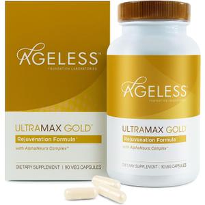 AGELESS: UltraMAX Gold Capsules, HGH Anti-Aging Supplement for Women, Slows Cellular Aging, Supports Immune Health, Smoother Skin Tone and Restorative Sleep, Weight Management, 90 Capsules, EXP: 03/28