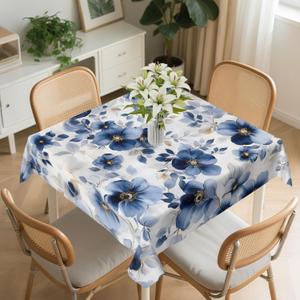 Square Tablecloth Washable Table Cover 54"x54" and 60"x60", Waterproof Square Table Cloth for Indoor and Outdoor, 60x60In, Blue Flowers