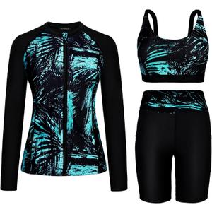 Arolina Womens Rash Guard Long Sleeve Swim Shirts Swimsuit 2026 Bathing Suit with Womens Swim Shorts & Two Pockets, Large
