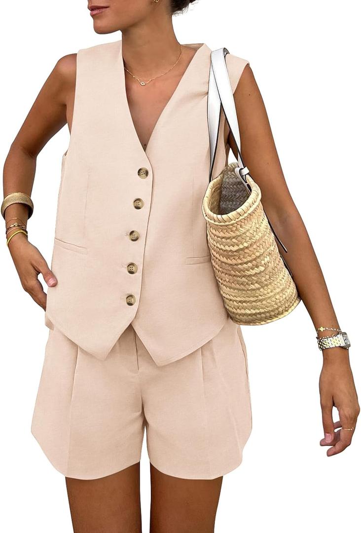 PRETTYGARDEN Women's Summer 2 Piece Outfits Sleeveless Matching Sets Button Down V Neck Vest Waistcoat and Pockets Shorts (Medium, Beige)