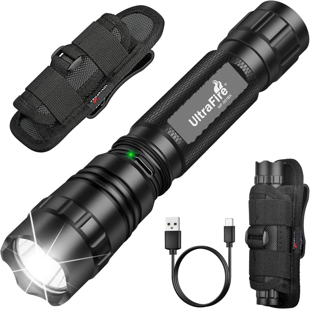 ULTRAFIRE Tactical Flashlight with Holster for Duty Belt, 1000 High Lumen Police Flashlight with Belt Holster, Rechargeable Law Enforcement Flashlight, 3 Modes Security Flashlights WF-501BX