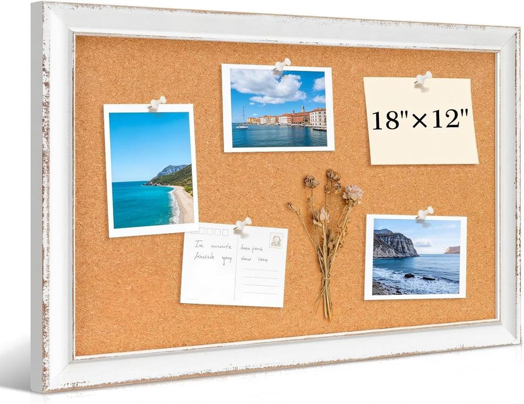 DOLLAR BOSS Distressed White Cork Board, 18"x12" Bulletin Board | Hand-Finished Rustic Frame, Vintage Farmhouse Pin Board, For Office & Home Decor, Includes Pins & Hanging Hardware