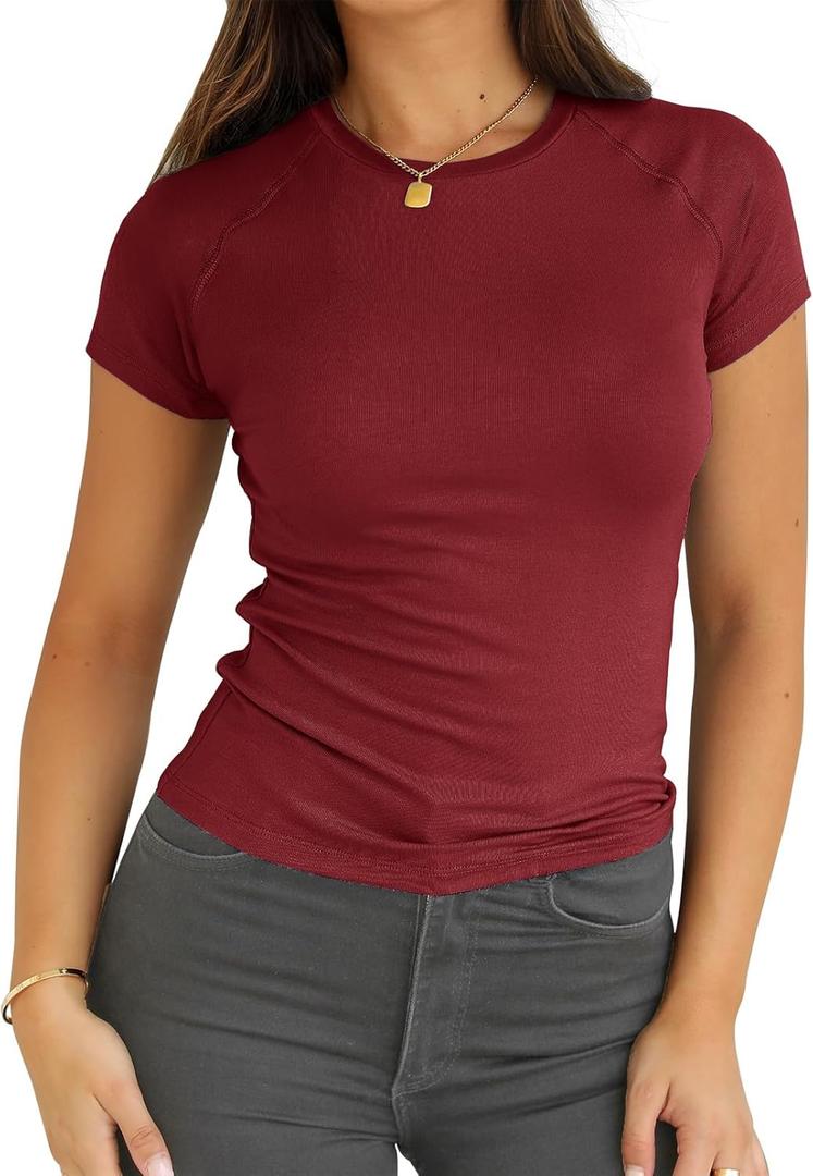 Abardsion Women Casual Raglan Sleeve Slim Fit T Shirts - 2026 Summer Crewneck Short Sleeve Basic Going Out Tops Workout (Medium, Burgundy)