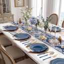 KIRE 140Pcs Blue Plastic Plates with Gold Rim - Gold Disposable Plastic Silverware with Blue Handle&Clear Cups&Hand Napkin - Geometric Party Plates for Memorial Day/Party/Graduation