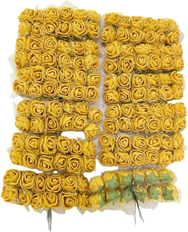 144pcs Mini Artificial Rose Flower Heads and Soft Stem,25mm PE Tiny Rose add Gauze for DIY Wedding Make Bridal Hair Clips,Cake Top,Wrist Corsage Boutonniere,Wreath Bracelet Flower (Gold)