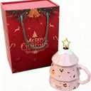 Christmas Coffee Mugs with Gift Box, Cute Christmas Tree Design 12 oz Durable Novelty Ceramic Cups with Lid & Spoon, Perfect Holiday Gifts for Women, Men, Kids and Friends (Pink)