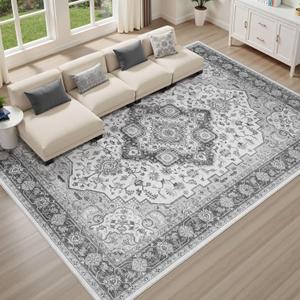 Washable Area Rug 8'x10': Vintage Non-Slip Stain Resistant for Living Room, Soft Large Carpet for Bedroom Dining Room Home Office(Grey and Cream)