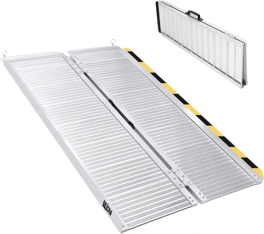 BEJONI 4FT Silvery Wheelchair Ramp, Folding Non-Slip Portable Aluminum Ramp for Home Steps, Thresholds, Doorways, Handicap Access, 600 LBS Capacity