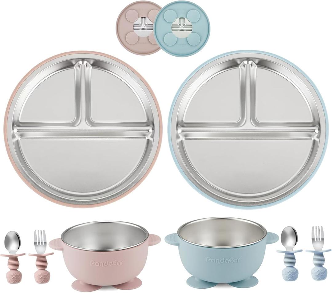PandaEar 8PCS Baby Feeding Set | Stainless Steel Suction Plates and Bowls with Silicone Fork and Spoon Utensils | Baby Led Weaning Tableware for Toddlers & Kids (Pink & Blue)