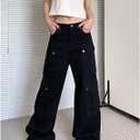 Hugboom Baggy Cargo Pants for Women Men High Waisted Y2k Hip Hop Grunge Pants with Pockets Casual Streetwear Black-M