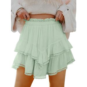 Caracilia Mini Skirts for Women Summer Casual Boho Crochet Ruffle Flowy Skirt Built in Shorts 2025 Fashion Trendy Skorts (Small, Light Green)