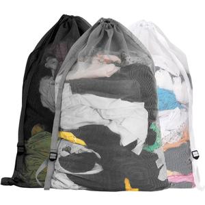 Mesh Laundry Bags with Adjustable Shoulder Strap, 24" x 36" Heavy Duty Nylon, Drawstring Closure, 3-Pack, Mixed Colors (Grey, White, Black-1)