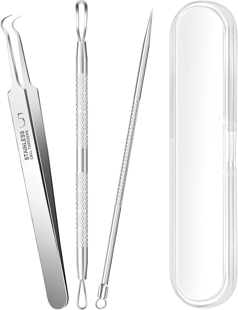 3PCS Pimple Extractor Acne Treatment Tool Professional Stainless Blackhead Comedone Removal Popper Tool for Face Nose Blackhead Extractor Tool (Silver)