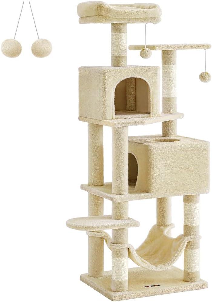 Feandrea Cat Tree, 61-Inch Cat Tower for Indoor Cats, Plush Multi-Level Cat Condo with 5 Scratching Posts, 2 Perches, 2 Caves, Hammock, 2 Pompoms, Beige UPCT192M01
