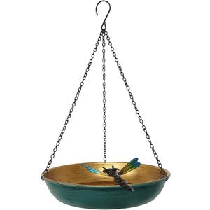 Hanging Bird Bath Bird Feeder for Outdoor 11 Inch Green/Bronze Cute Metal Bird Bath Bowl with Detachable Black Chain Metal Dragonfly Backyard Bird Bath Garden Decor