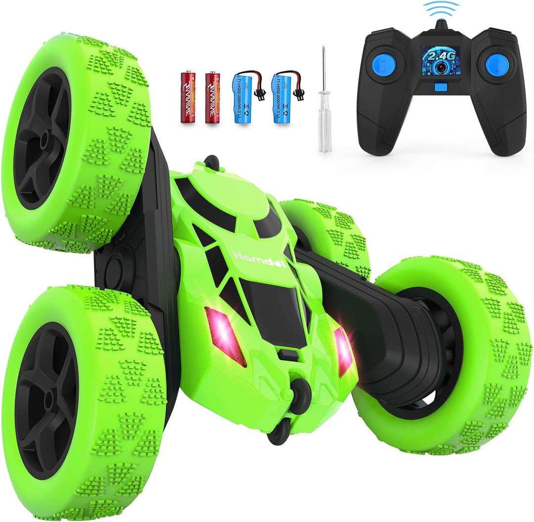 Hamdol RC Stunt Car for Kids Ages 612, Double-Sided Remote Control Car with LED Lights, 4WD Electric Toy Vehicle, USB Rechargeable, Perfect Birthday, Holiday for Boys & Girls (Green)