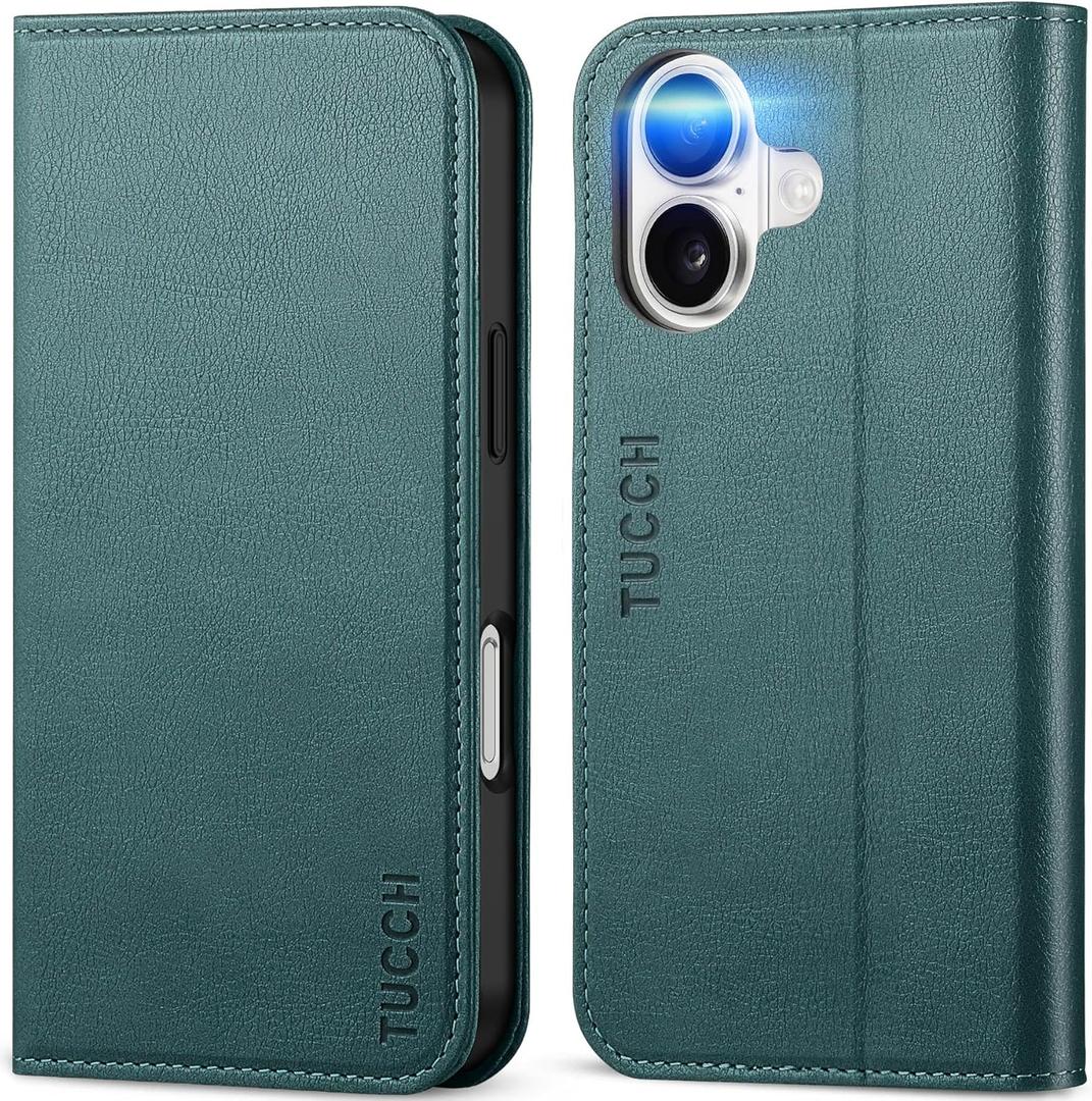 TUCCH Wallet Case for iPhone 16 5G, PU Leather Folio [RFID Blocking] [3 Card Slot], Kickstand [Shockproof TPU Interior Case] Compatible with iPhone 16 2024, Textured Teal Blue
