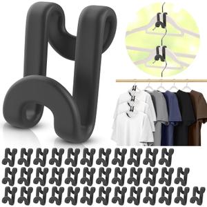 100Pcs Space Saving Hanger Hooks, Plastic Clothes Hanger Connector Hooks, Heavy Duty Space Saver Hanger Extender Clips for Closet Organizers, Black