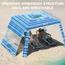 Rhino Valley Beach Cabana, 8 * 8FT Beach Tent UPF50+ Protection, Easy Setup Beach Canopy Wind Resistant with Cup Holder, Compact Beach Shade Foldable Beach Tent Sun Shelter, Blue Four Stripes