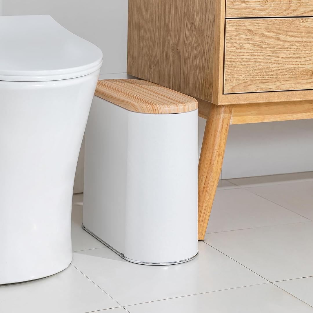 Small Bathroom Trash Can with Lid, 10L/2.6 Gal Slim Wastebasket - Odor & Pet Proof, Inner Bucket & Wood Grain Top, Plastic White Garbage Can for Kitchen, Bedroom, Living Room, Office, RV